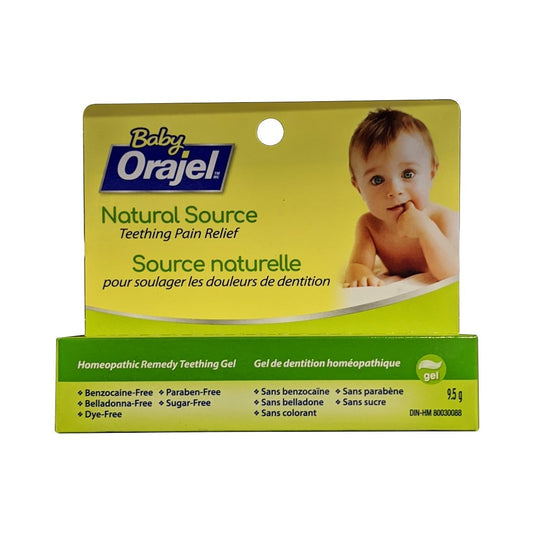 Product label for Baby Orajel Natural Source Teething Pain Relief (9.5 grams)