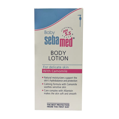 Product label for Baby Sebamed Baby Lotion with Camomile (400 mL) in English
