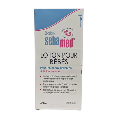 Product label for Baby Sebamed Baby Lotion with Camomile (400 mL) in French