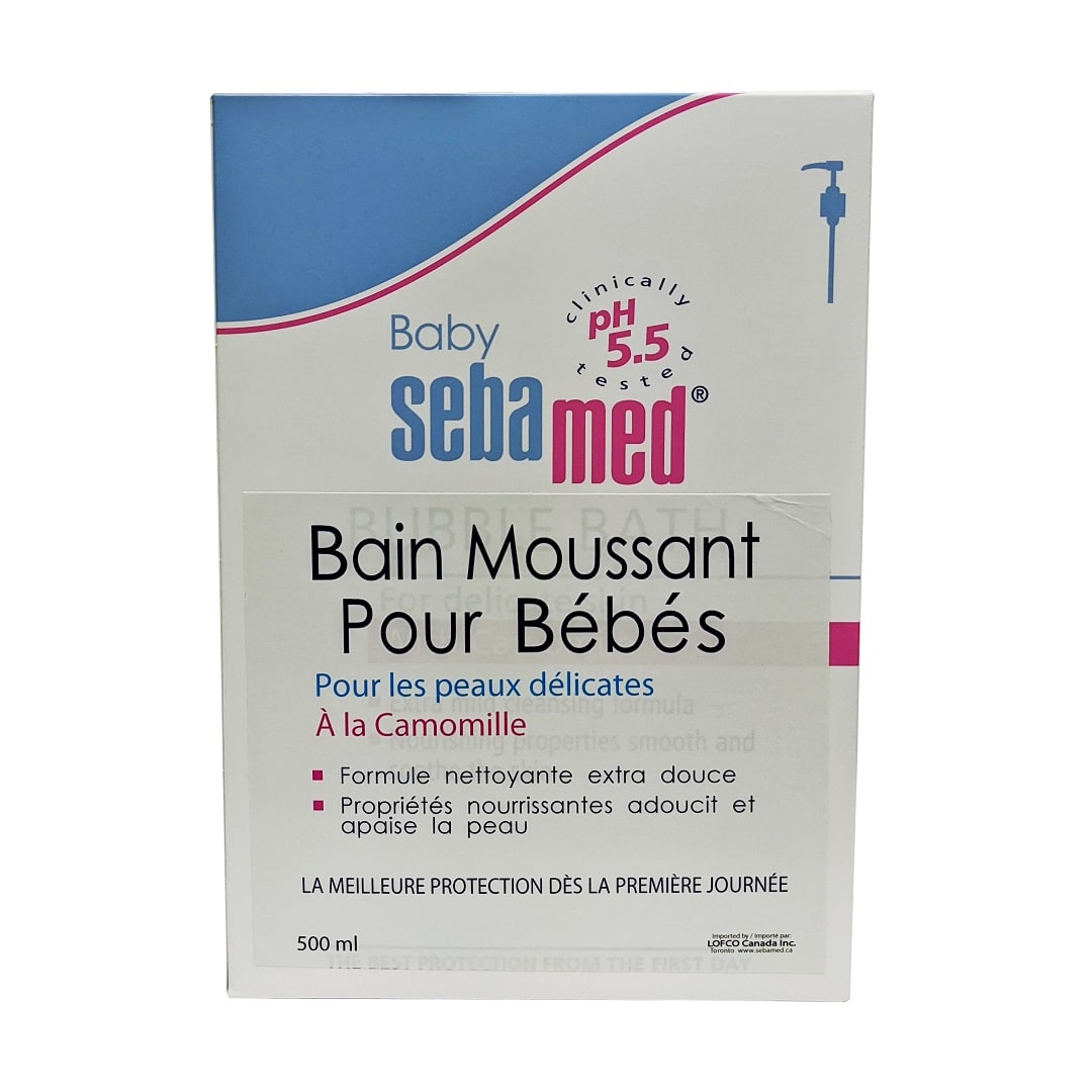 Product label for Baby Sebamed Baby Bubble Bath (500 mL) in French