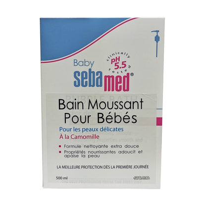 Product label for Baby Sebamed Baby Bubble Bath (500 mL) in French
