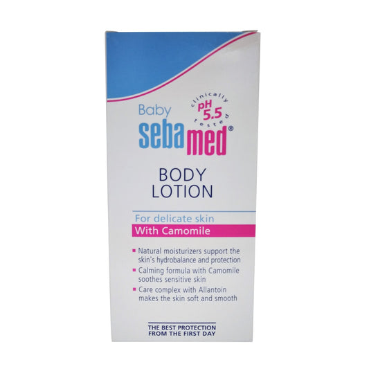 Product label for Baby Sebamed Body Lotion with Camomile 200 mL in English