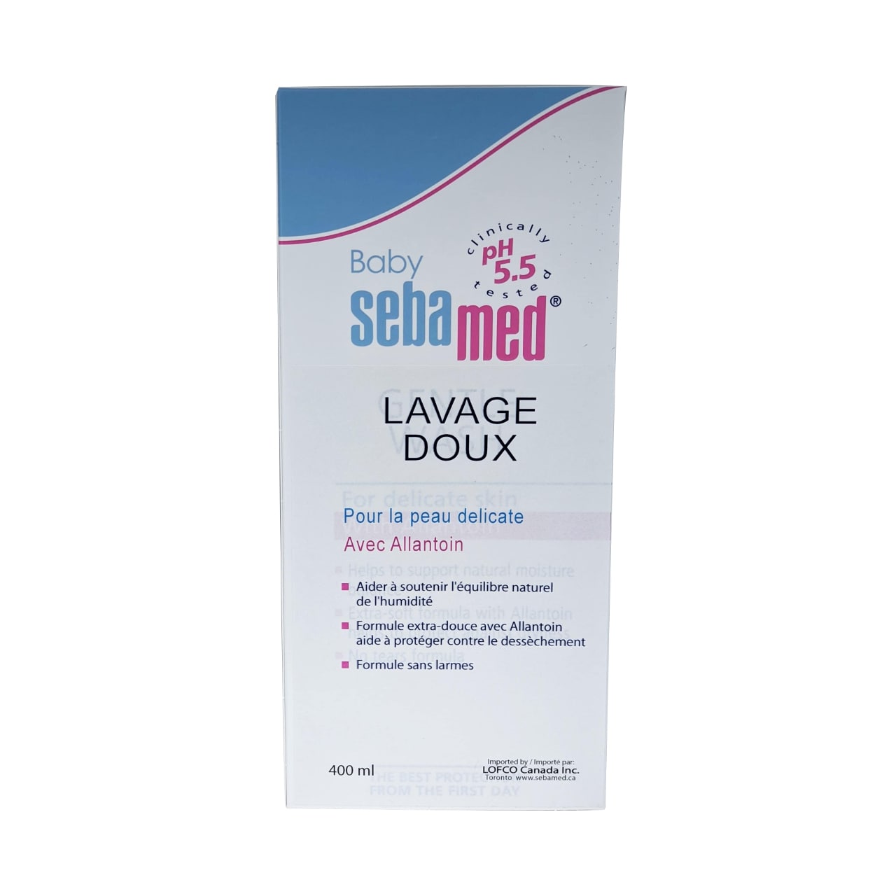 Product label for Baby Sebamed Gentle Wash for Delicate Skin with Allantoin 400 mL in French