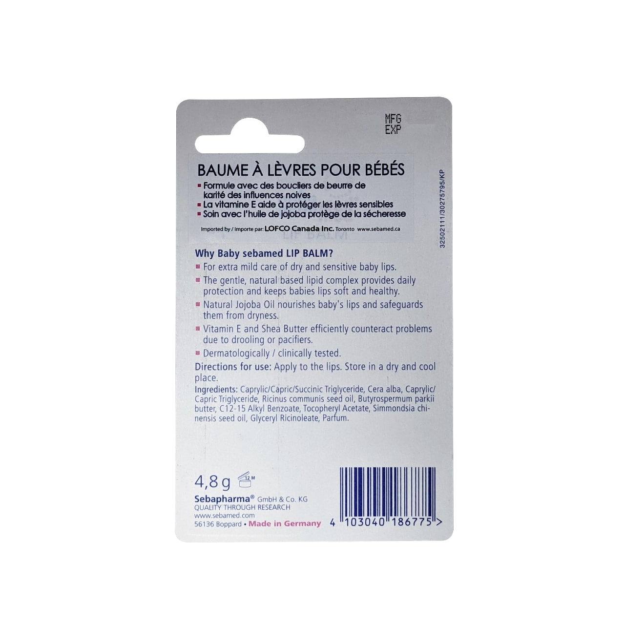 Baby Sebamed Lip Balm product info, directions, and ingredients