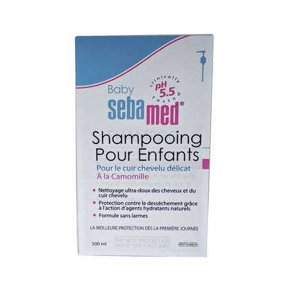 Product label for Baby Sebamed Shampoo with Camomile 500 mL in French