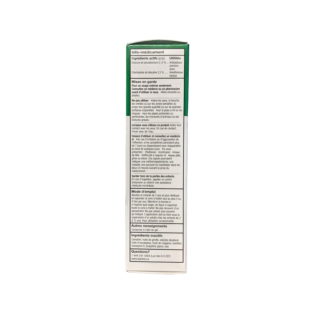 Ingredients, warnings, directions for Bactine Antiseptic First Aid Spray (105 mL) in French