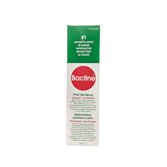 Product label for Bactine Antiseptic First Aid Spray (105 mL) 