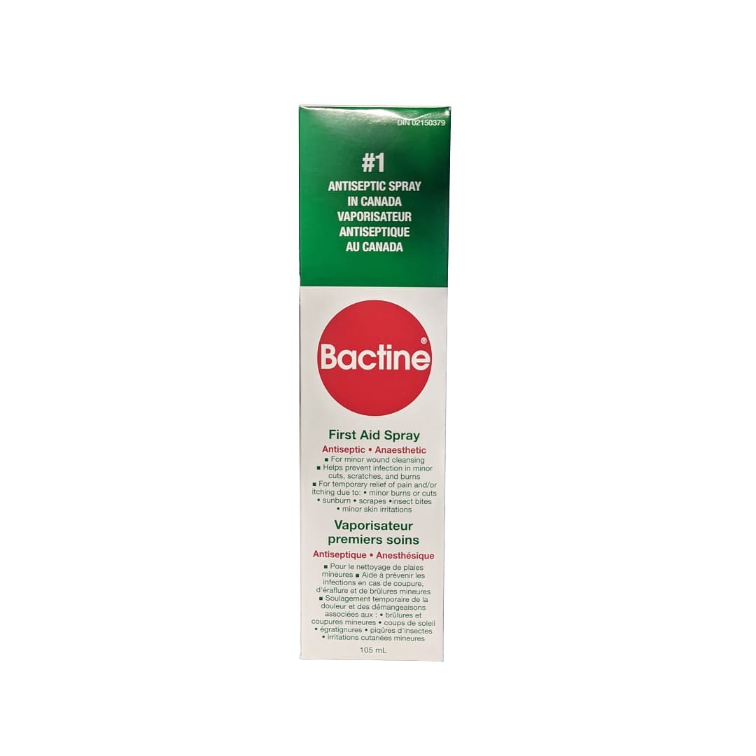 Product label for Bactine Antiseptic First Aid Spray (105 mL)