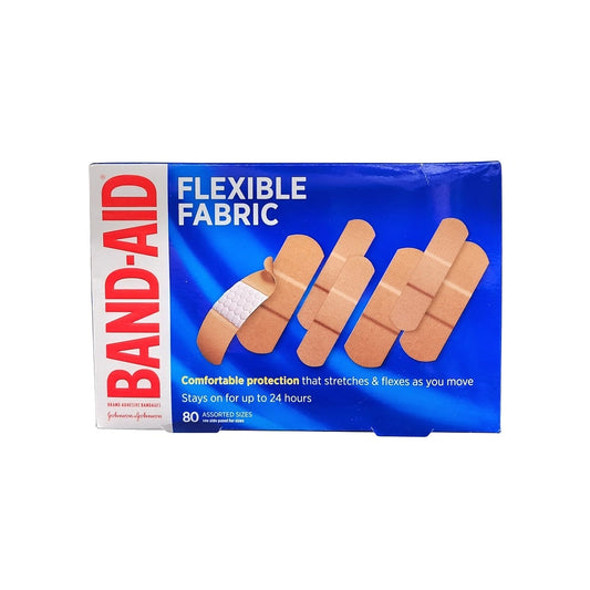 Product label for Band-Aid Flexible Fabric Assorted Sizes (80 bandages) in English