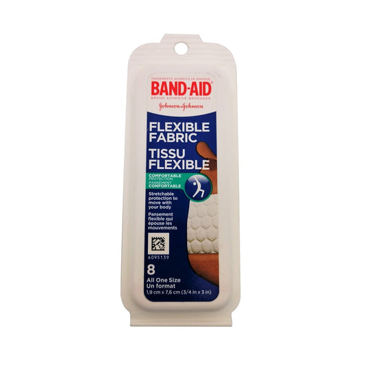 Product label for Band-Aid Flexible Fabric Bandages Travel Pack (8 bandages)