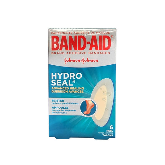 Product label for Band-Aid Hydro Seal Hydrocolloid Gel Heel Bandage for Blisters (1.7 cm x 6.6 cm) (6 count)
