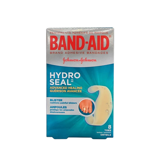 Product label for Band-Aid Hydro Seal Hydrocolloid Gel Toe Bandage for Blisters (1.7 cm x 6.6 cm) (8 count)