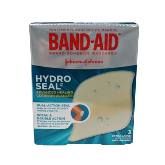 Product label for Band-Aid Hydro Seal Hydrocolloid Gel Bandage (6.2 cm x 7.0 cm) (3 count)