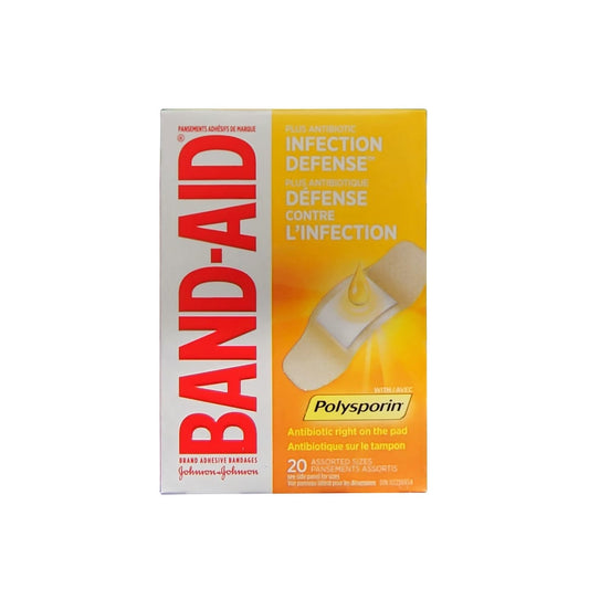 Product label for Band-Aid Infection Defense with Polysporin Bandages (20 count)