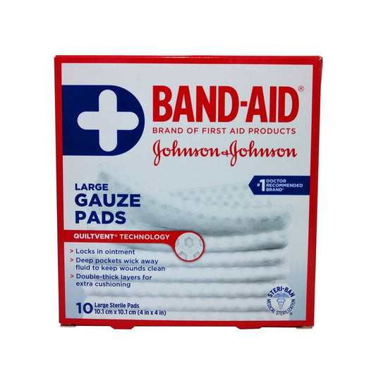 Product label for Band-Aid Sterile Gauze Pads Large in English