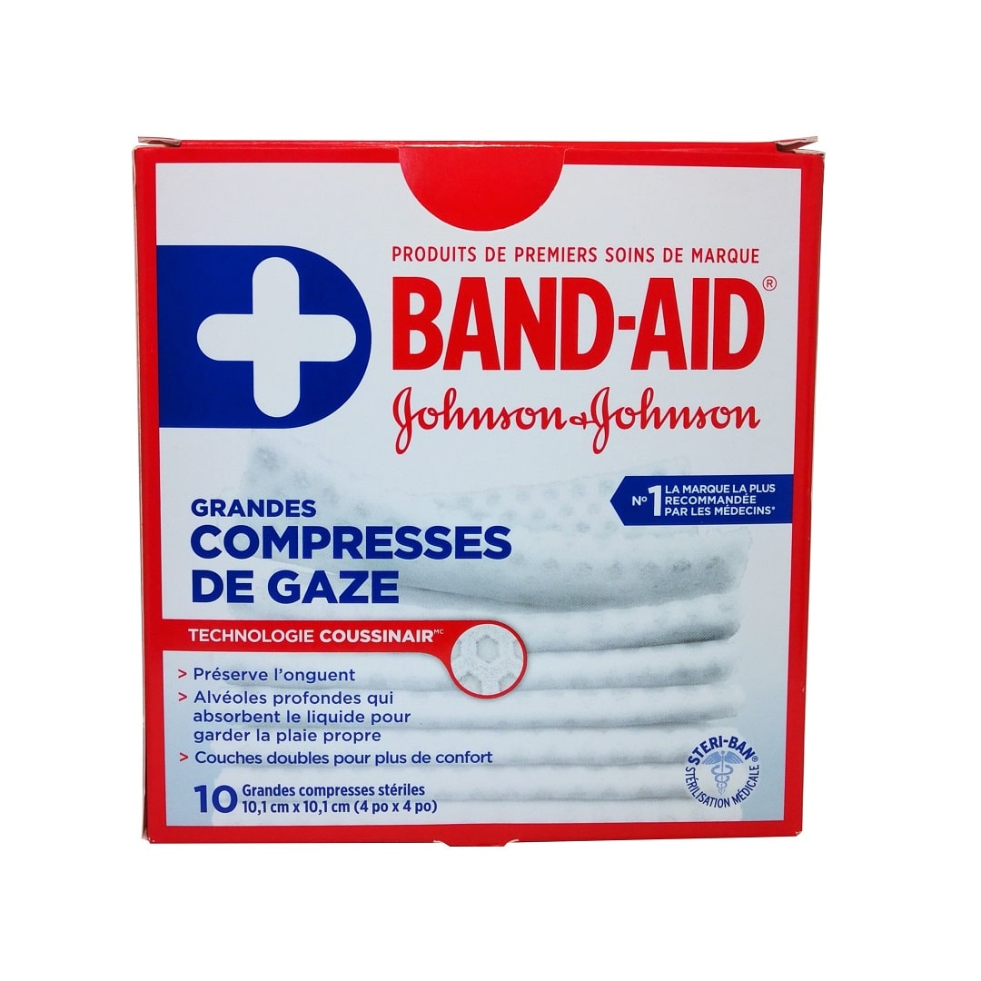 Product label for Band-Aid Sterile Gauze Pads Large in French