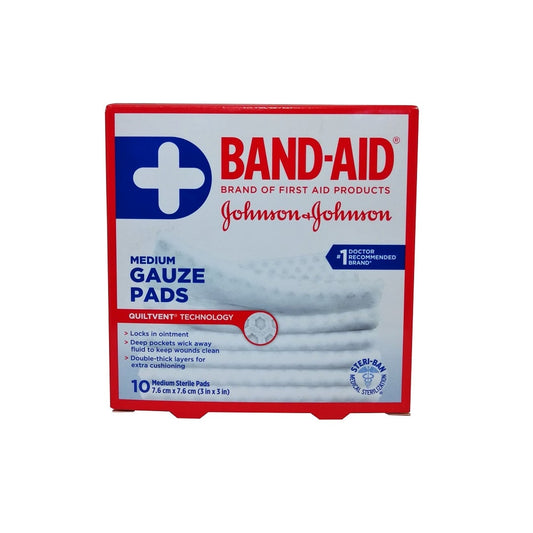Product label for Band-Aid Sterile Gauze Pads Medium in English