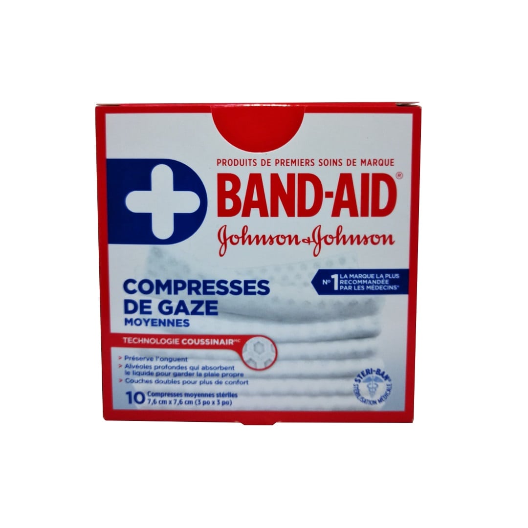 Product label for Band-Aid Sterile Gauze Pads Medium in French