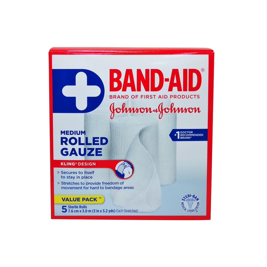 Product label for Band-Aid Medium Gauze Rolls (5 rolls) in English