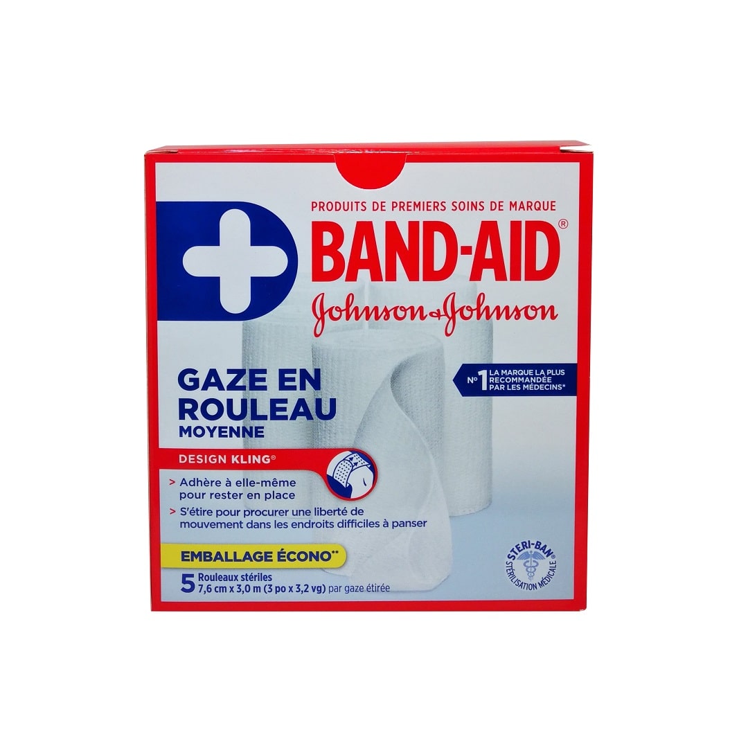Product label for Band-Aid Medium Gauze Rolls (5 rolls) in French