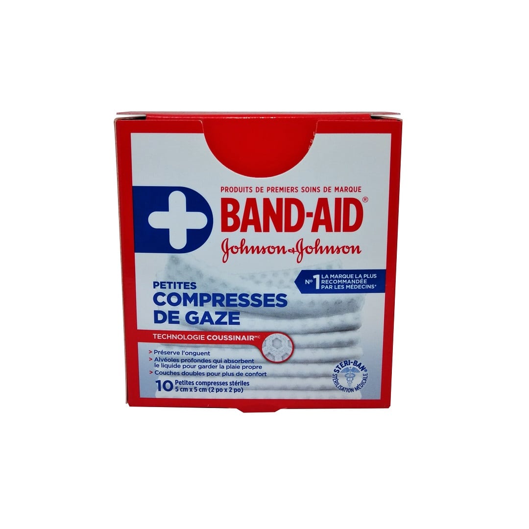 Product label for Band-Aid Sterile Gauze Pads Small in French