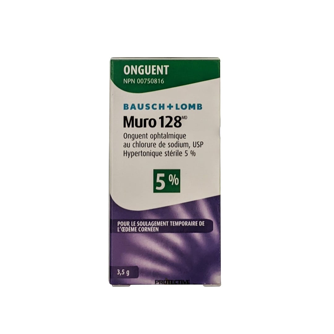 Product label for Bausch & Lomb Muro 128 5% Ointment (3.5 grams) in French