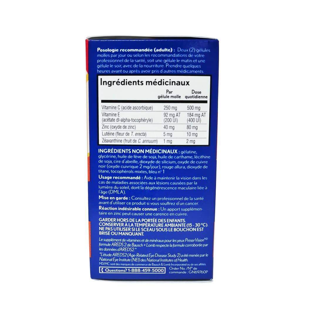 Dose, ingredients, use, and caution for Bausch & Lomb PreserVision AREDS2 Formula (60 softgels) in French