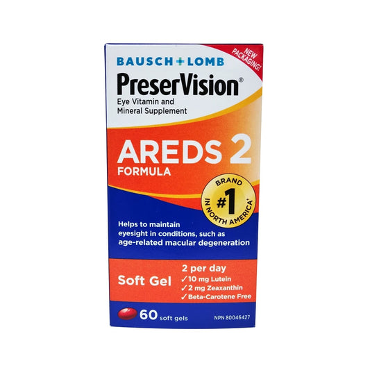 Product label for Bausch & Lomb PreserVision AREDS2 Formula 60s in English
