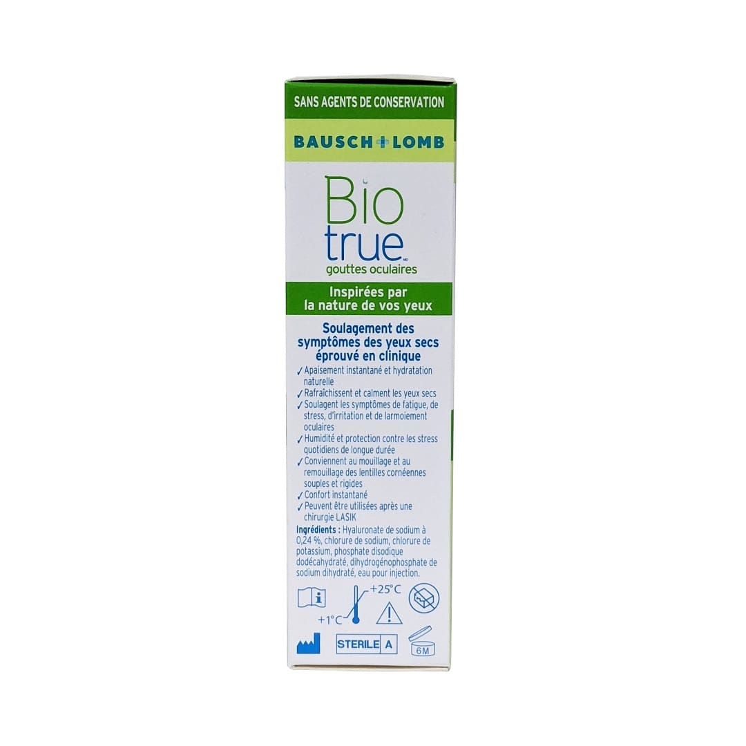 Description and ingredients for Bausch & Lomb Biotrue Eye Drops Dry Eye Relief (10mL) in French