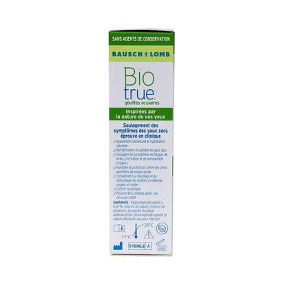 Description and ingredients for Bausch & Lomb Biotrue Eye Drops Dry Eye Relief (10mL) in French
