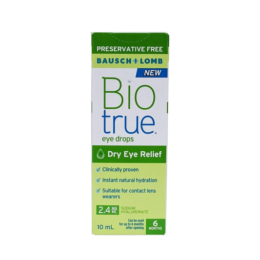 Product label for Bausch & Lomb Biotrue Eye Drops Dry Eye Relief (10mL) in English