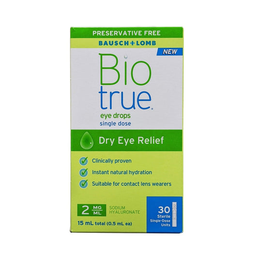 Product label for Bausch & Lomb Biotrue Preservative Free Eye Drops Dry Eye Relief (30 x 0.5 mL) in English