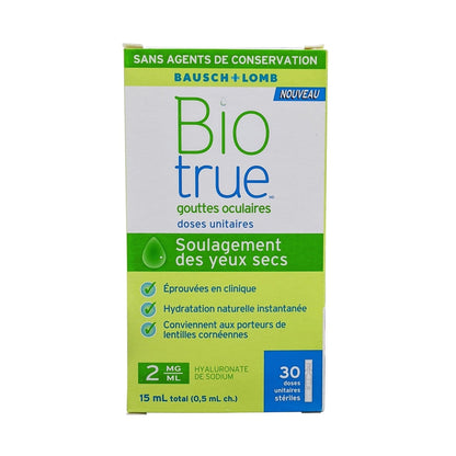 Product label for Bausch & Lomb Biotrue Preservative Free Eye Drops Dry Eye Relief (30 x 0.5 mL) in French