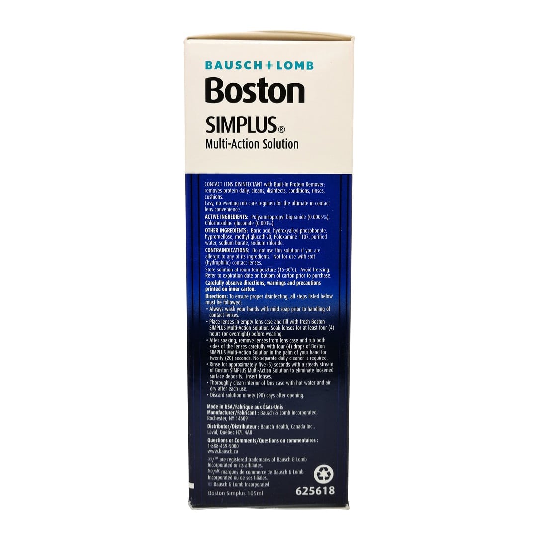 Directions, ingredients, and contraindications for Bausch & Lomb Boston Simplus Multi-Action Solution for Rigid Contact Lens (105mL) in English