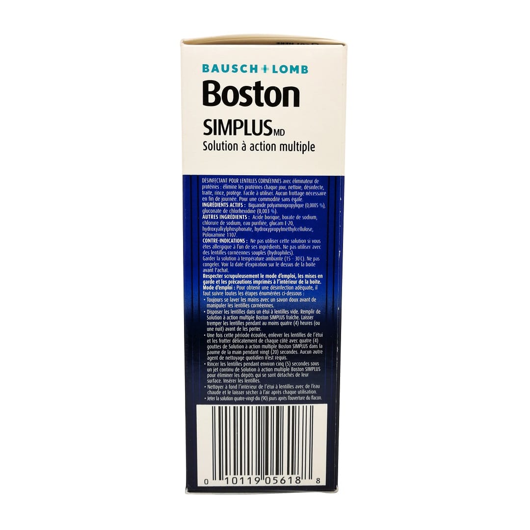 Directions, ingredients, and contraindications for Bausch & Lomb Boston Simplus Multi-Action Solution for Rigid Contact Lens (105mL) in French