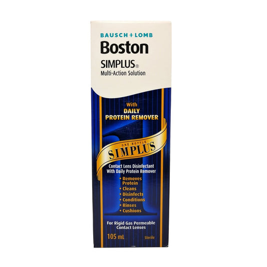 Product label for Bausch & Lomb Boston Simplus Multi-Action Solution for Rigid Contact Lens (105mL) in English