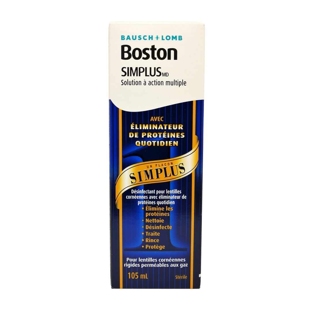 Product label for Bausch & Lomb Boston Simplus Multi-Action Solution for Rigid Contact Lens (105mL) in French