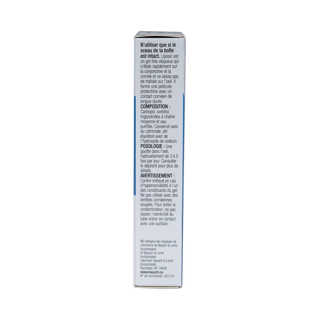Description, ingredients, dosage, and warnings for Bausch & Lomb Liposic Ophthalmic Gel (10g) in French