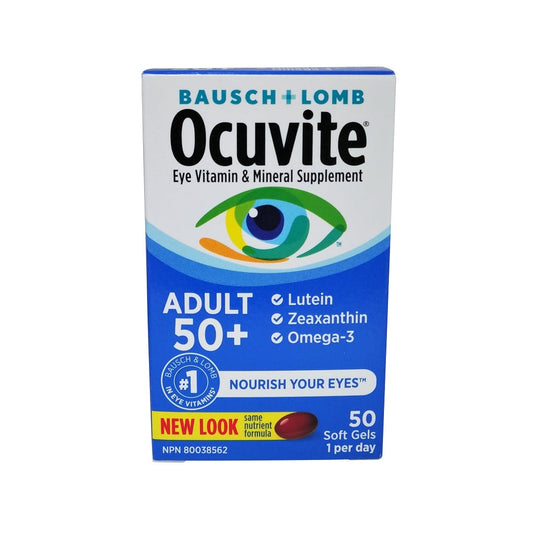 Product label for Bausch & Lomb Ocuvite Adult 50+ (50 softgels) in English