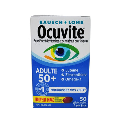 Product label foBausch & Lomb Ocuvite Adult 50+ (50 softgels) in French