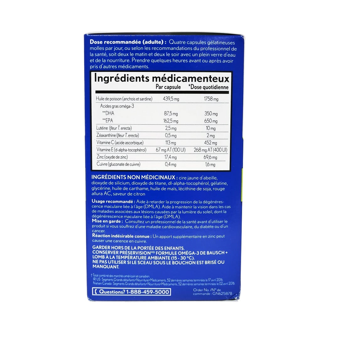 Dose, ingredients, use, and caution for Bausch & Lomb PreserVision Omega-3 Formula (120 softgels) in French