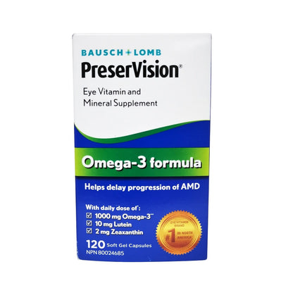 Product label for Bausch & Lomb PreserVision Omega-3 Formula (120 softgels) in English