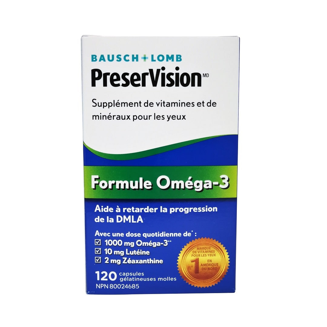 Product label for Bausch & Lomb PreserVision Omega-3 Formula (120 softgels) in French