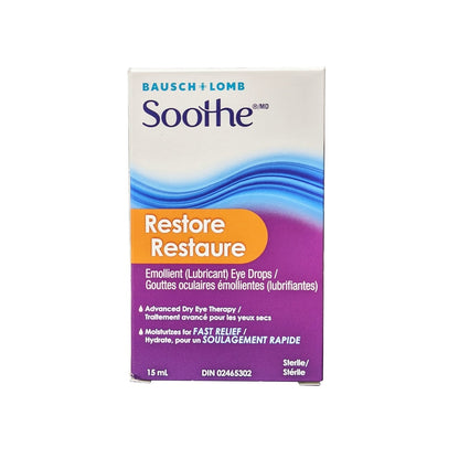 Product label for Bausch & Lomb Restore Emollient Lubricant Eye Drops (15 mL)