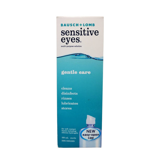 Product label for Bausch & Lomb Sensitive Eyes Multi-Purpose Solution for Soft Contact Lens 120 mL in English