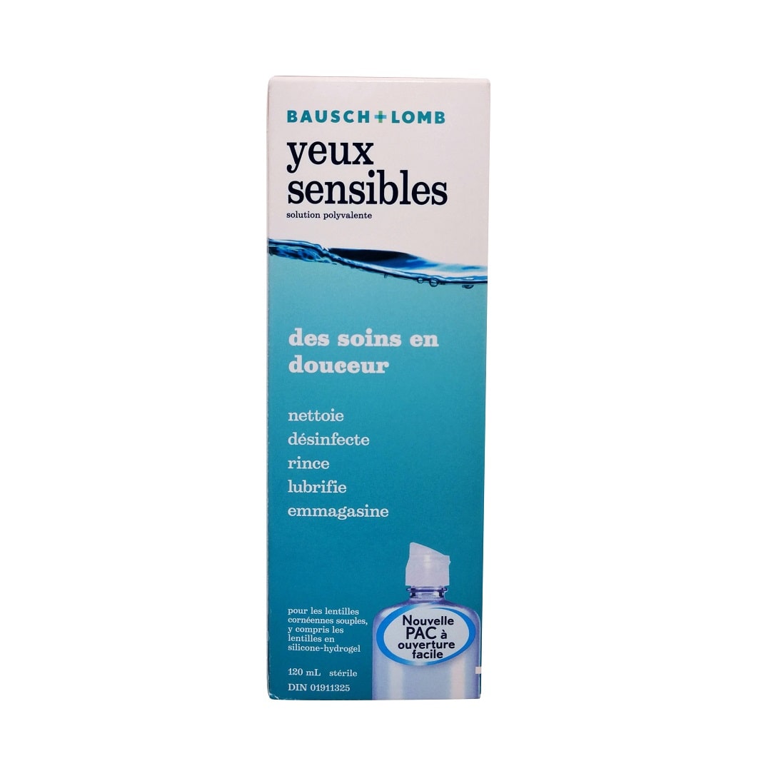 Product label for Bausch & Lomb Sensitive Eyes Multi-Purpose Solution for Soft Contact Lens 120 mL in French