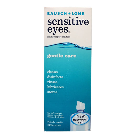 Product label for Bausch & Lomb Sensitive Eyes Multi-Purpose Solution for Soft Contact Lens 355 mL in English
