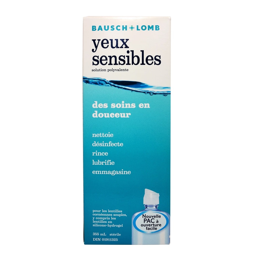 Product label for Bausch & Lomb Sensitive Eyes Multi-Purpose Solution for Soft Contact Lens 355 mL in French