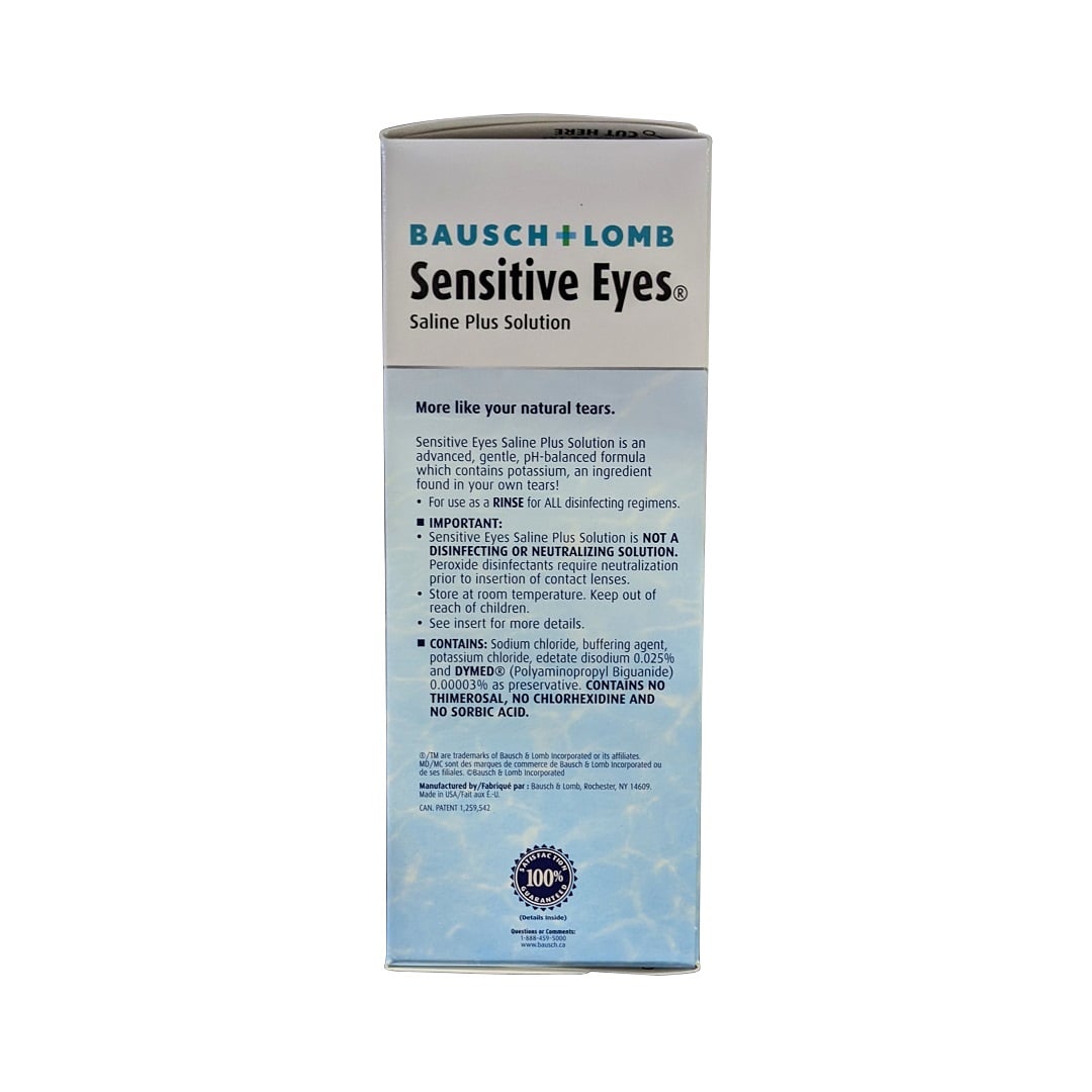Description, ingredients, cautions for Bausch & Lomb Sensitive Eyes Saline Plus Solution (355 mL) in English