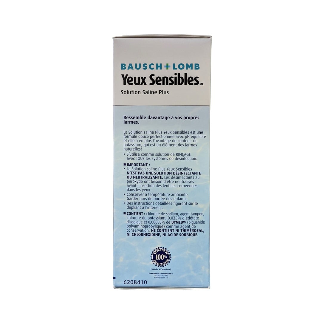 Description, ingredients, cautions for Bausch & Lomb Sensitive Eyes Saline Plus Solution (355 mL) in French
